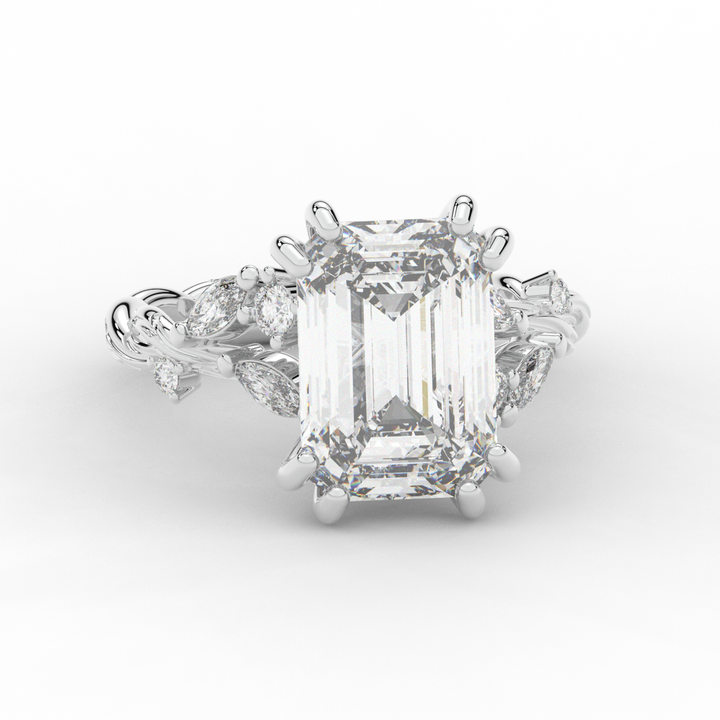 5.30CT.TW EMERALD CUT LAB DIAMOND STYLIZED VINE AND TREE BARK FINISH ENGAGEMENT RING - Nazarelle