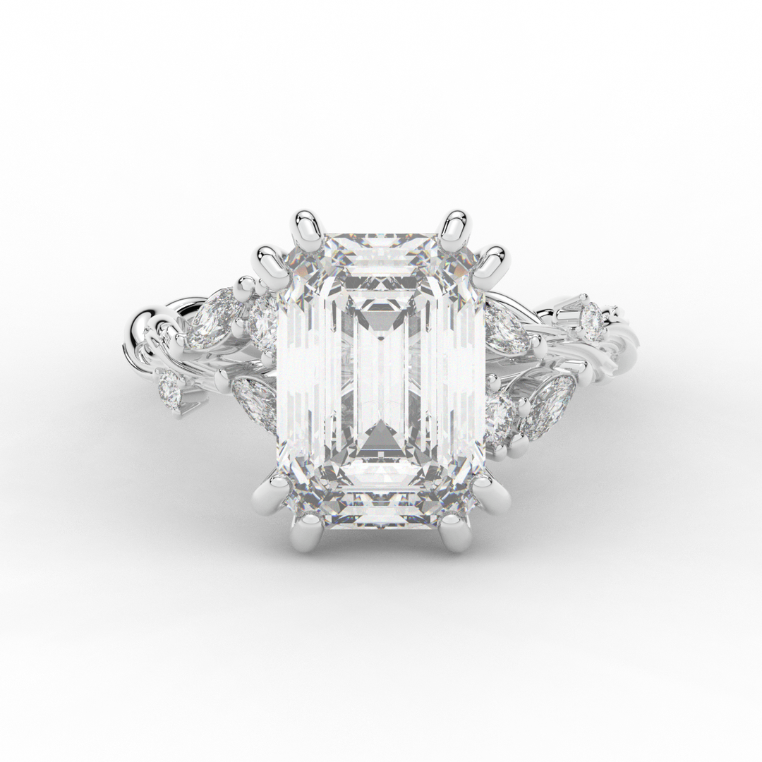 5.30CT.TW EMERALD CUT LAB DIAMOND STYLIZED VINE AND TREE BARK FINISH ENGAGEMENT RING - Nazarelle