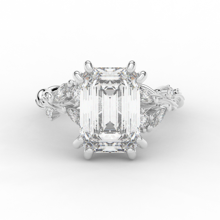 5.30CT.TW EMERALD CUT LAB DIAMOND STYLIZED VINE AND TREE BARK FINISH ENGAGEMENT RING - Nazarelle