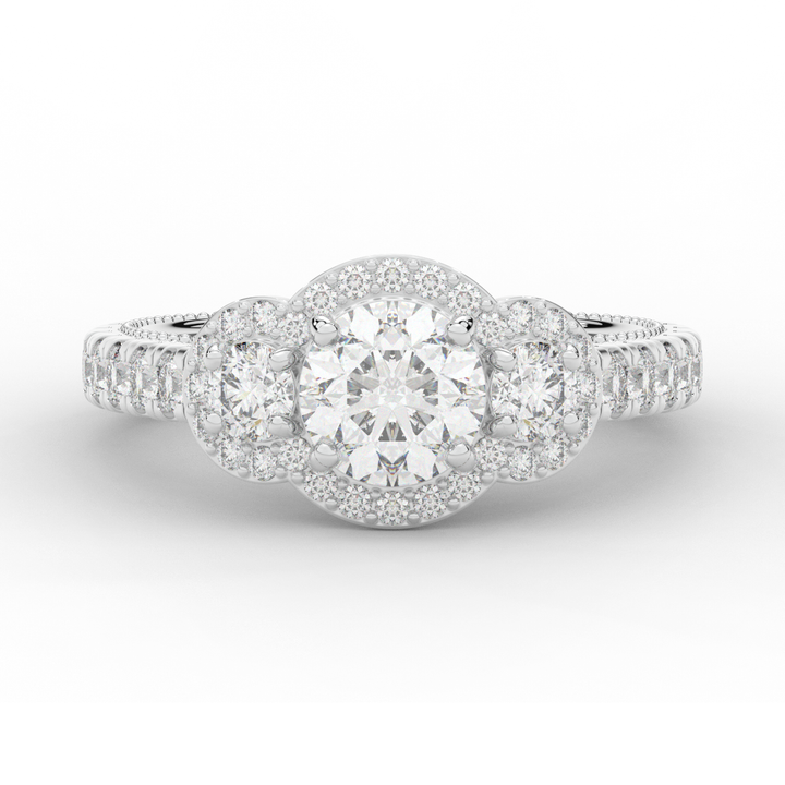 2.15CT.TW ROUND LAB DIAMOND 3 STONE HALO ENGAGEMENT RING - Nazarelle