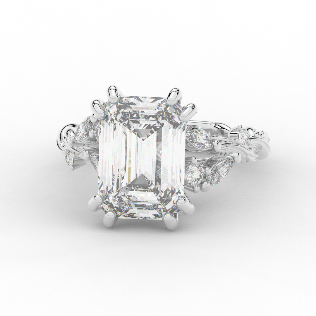 5.30CT.TW EMERALD CUT LAB DIAMOND STYLIZED VINE AND TREE BARK FINISH ENGAGEMENT RING - Nazarelle