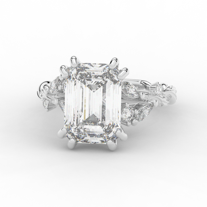 5.30CT.TW EMERALD CUT LAB DIAMOND STYLIZED VINE AND TREE BARK FINISH ENGAGEMENT RING - Nazarelle