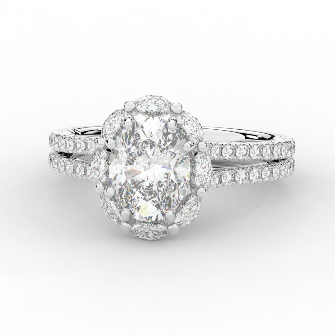 2.30CT.TW OVAL LAB DIAMOND HALO SPLIT SHANK ENGAGEMENT RING - Nazarelle