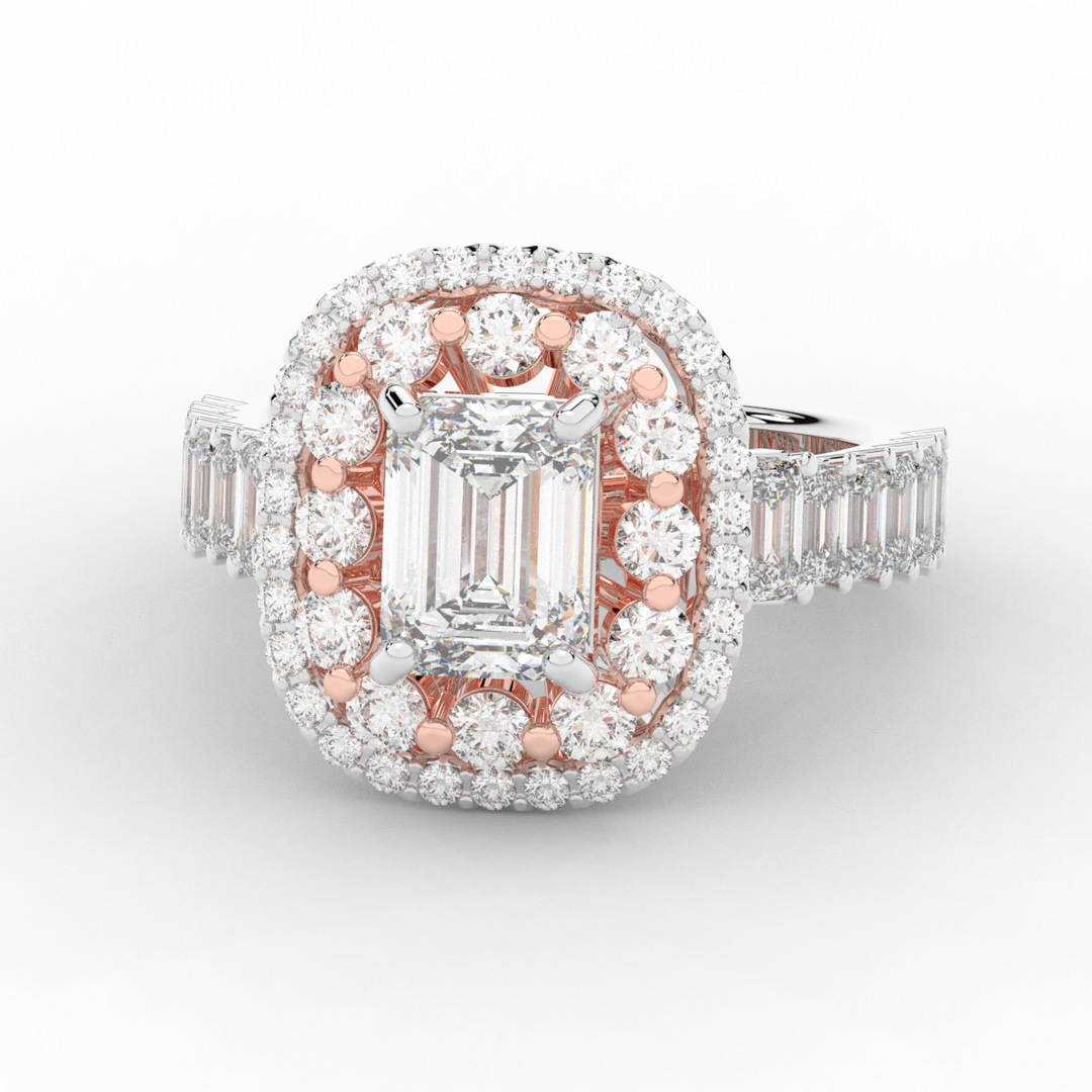 4.70CT.TW EMERALD CUT LAB DIAMOND DOUBLE HALO TWO TONE ENGAGEMENT RING - Nazarelle