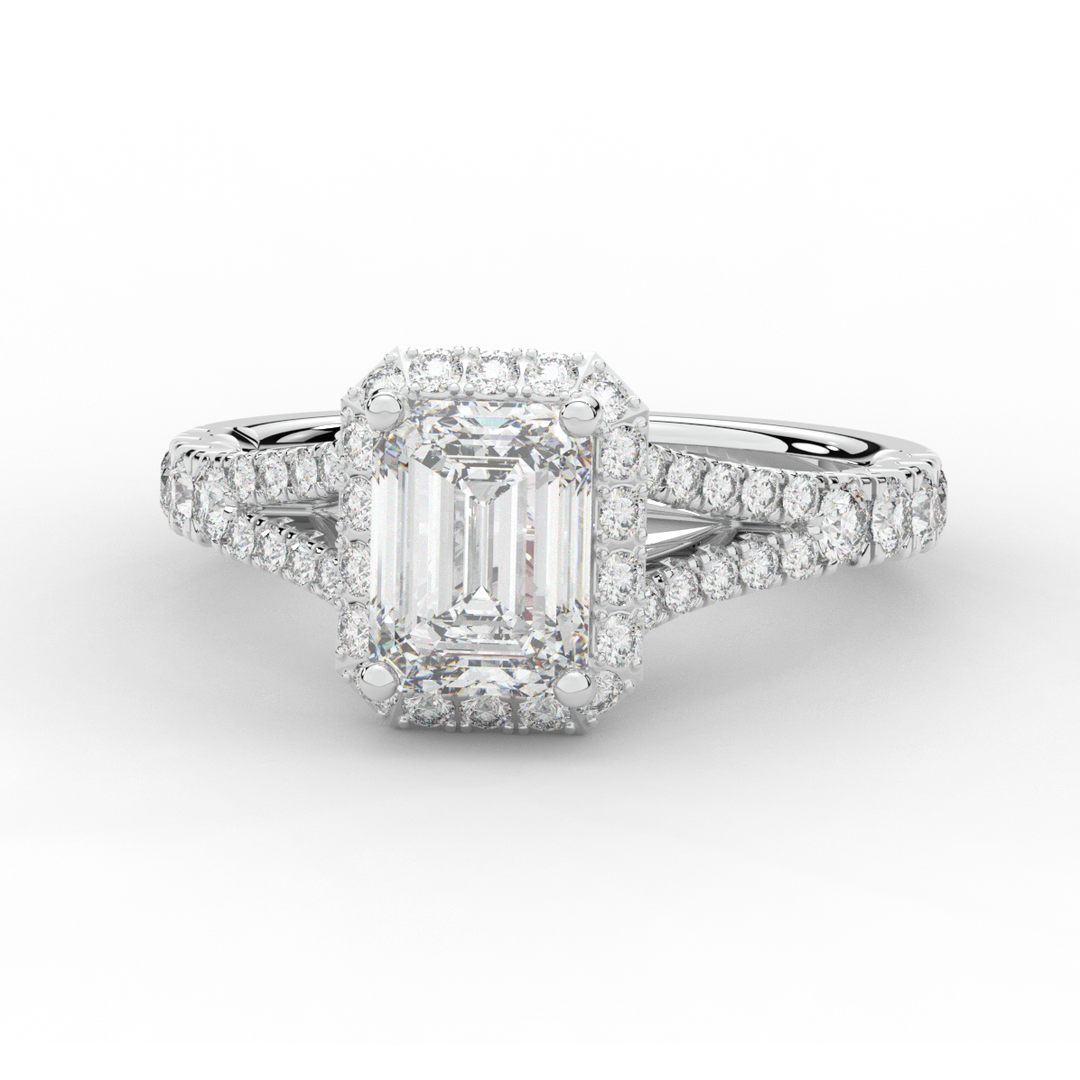 2.60CT.TW EMERALD CUT LAB DIAMOND SPLIT SHANK HALO ENGAGEMENT RING - Nazarelle