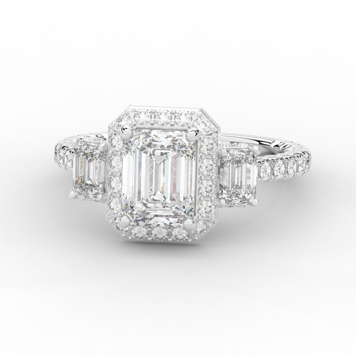 3.20CT.TW EMERALD CUT LAB DIAMOND 3 STONE ENGAGEMENT RING - Nazarelle