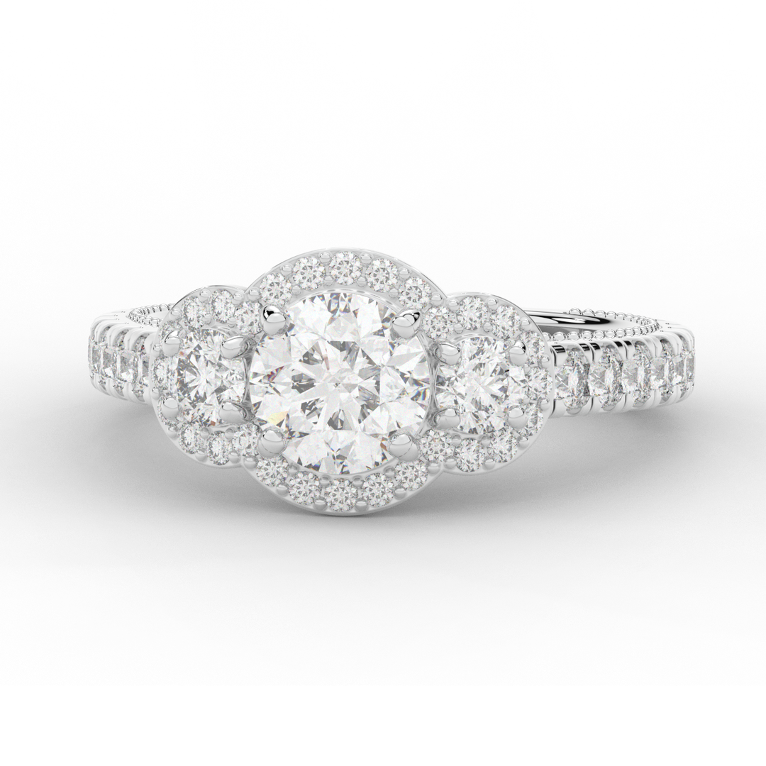 2.15CT.TW ROUND LAB DIAMOND 3 STONE HALO ENGAGEMENT RING - Nazarelle
