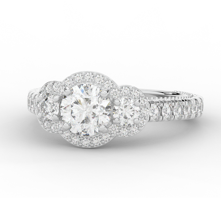 2.15CT.TW ROUND LAB DIAMOND 3 STONE HALO ENGAGEMENT RING - Nazarelle