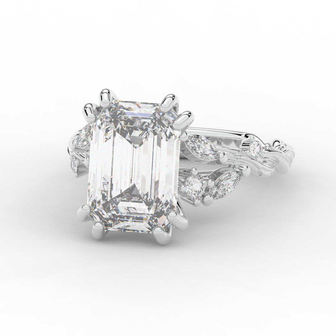 5.30CT.TW EMERALD CUT LAB DIAMOND STYLIZED VINE AND TREE BARK FINISH ENGAGEMENT RING - Nazarelle