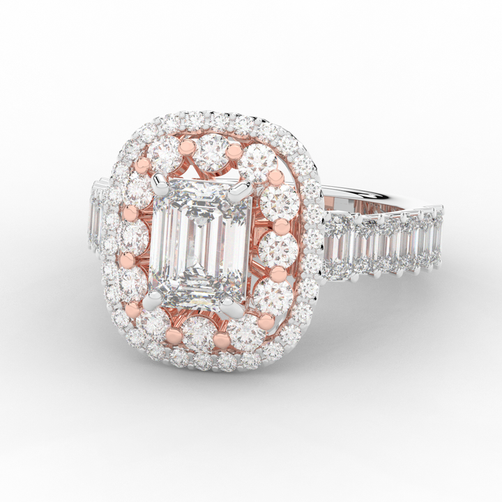 4.70CT.TW EMERALD CUT LAB DIAMOND DOUBLE HALO TWO TONE ENGAGEMENT RING - Nazarelle