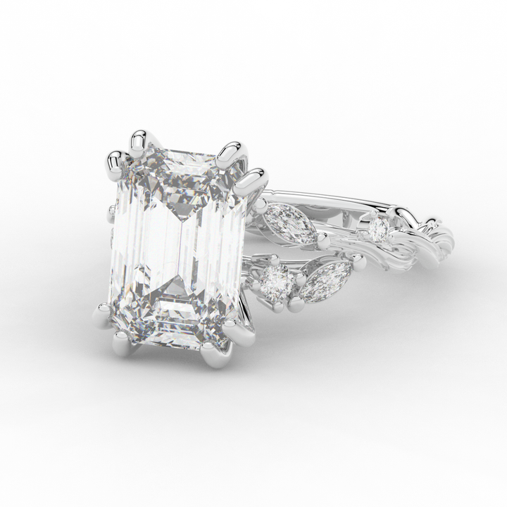 5.30CT.TW EMERALD CUT LAB DIAMOND STYLIZED VINE AND TREE BARK FINISH ENGAGEMENT RING - Nazarelle