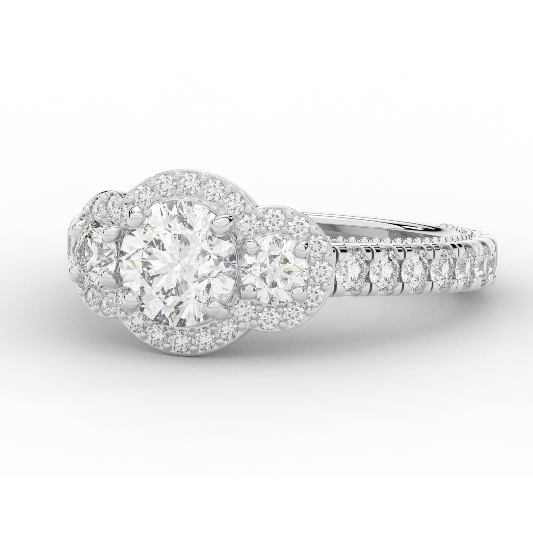 2.15CT.TW ROUND LAB DIAMOND 3 STONE HALO ENGAGEMENT RING - Nazarelle