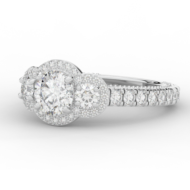 2.15CT.TW ROUND LAB DIAMOND 3 STONE HALO ENGAGEMENT RING - Nazarelle