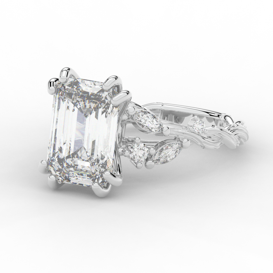 5.30CT.TW EMERALD CUT LAB DIAMOND STYLIZED VINE AND TREE BARK FINISH ENGAGEMENT RING - Nazarelle