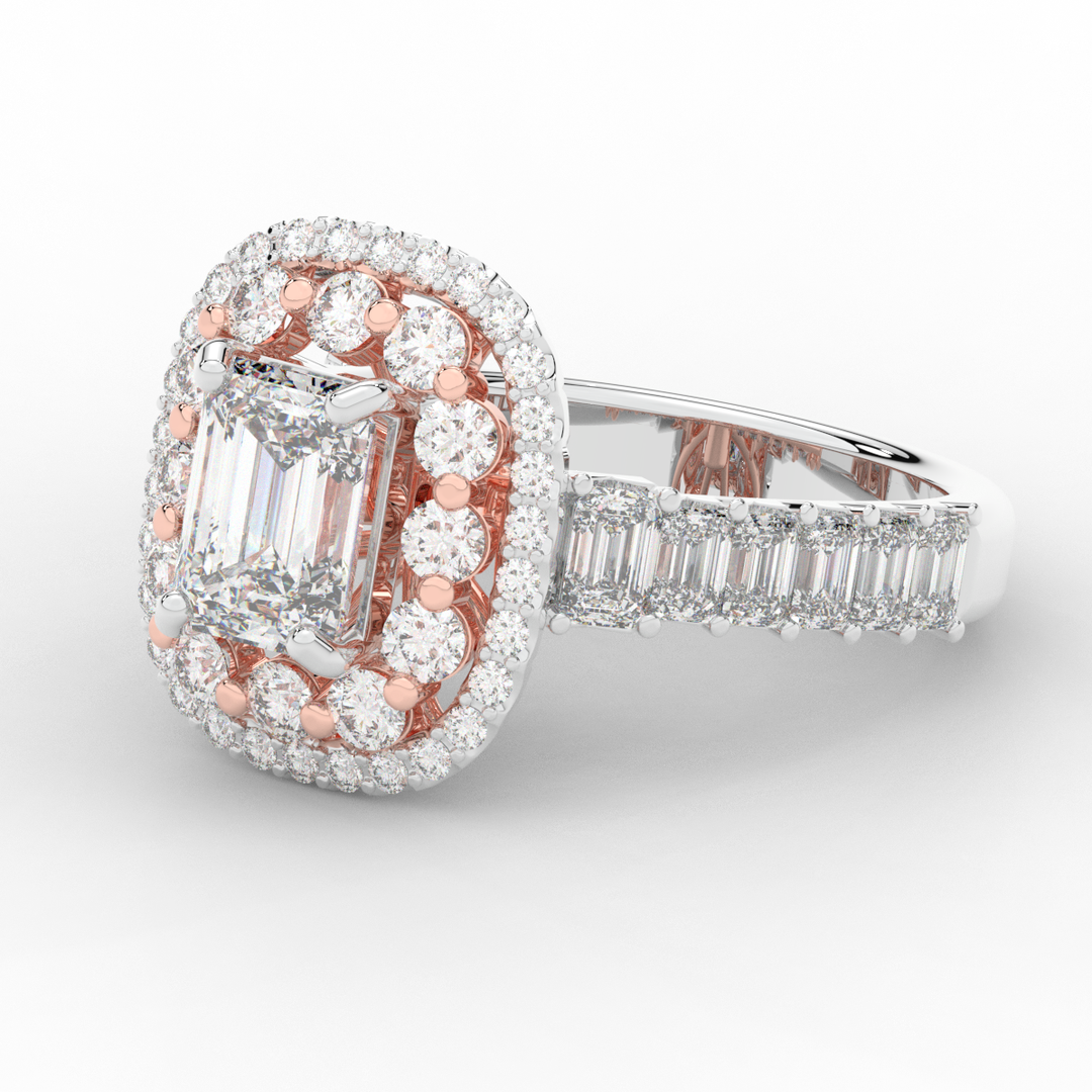 4.70CT.TW EMERALD CUT LAB DIAMOND DOUBLE HALO TWO TONE ENGAGEMENT RING - Nazarelle