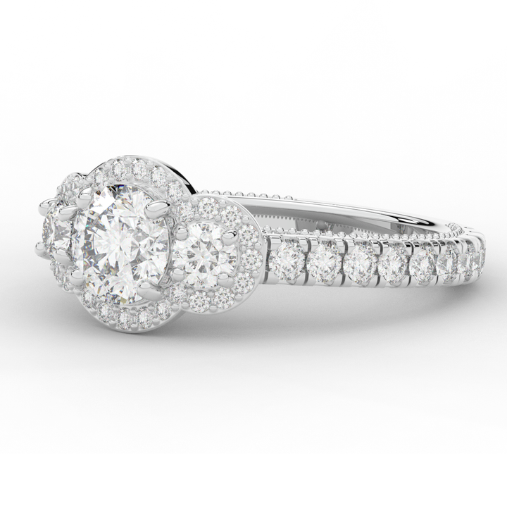 2.15CT.TW ROUND LAB DIAMOND 3 STONE HALO ENGAGEMENT RING - Nazarelle