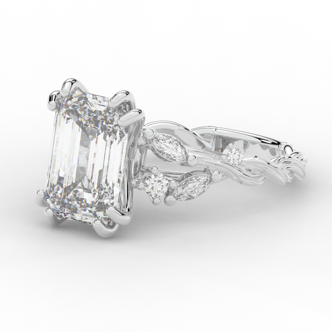 5.30CT.TW EMERALD CUT LAB DIAMOND STYLIZED VINE AND TREE BARK FINISH ENGAGEMENT RING - Nazarelle