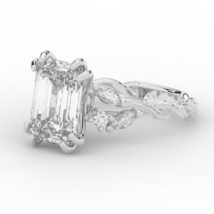 5.30CT.TW EMERALD CUT LAB DIAMOND STYLIZED VINE AND TREE BARK FINISH ENGAGEMENT RING - Nazarelle