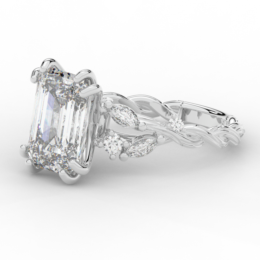 5.30CT.TW EMERALD CUT LAB DIAMOND STYLIZED VINE AND TREE BARK FINISH ENGAGEMENT RING - Nazarelle