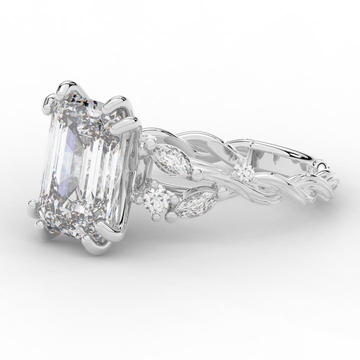 5.30CT.TW EMERALD CUT LAB DIAMOND STYLIZED VINE AND TREE BARK FINISH ENGAGEMENT RING - Nazarelle