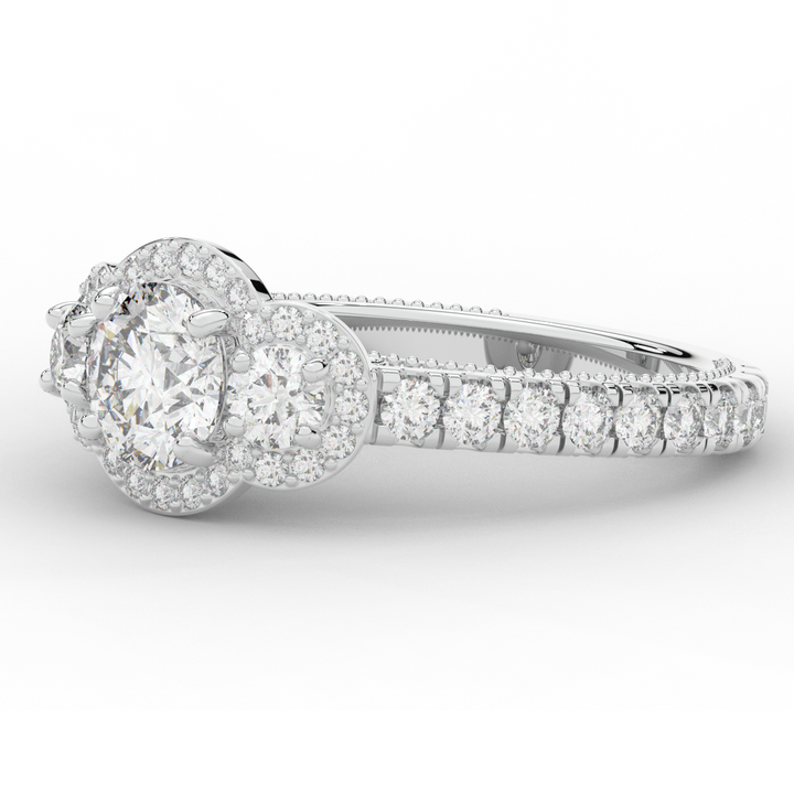 2.15CT.TW ROUND LAB DIAMOND 3 STONE HALO ENGAGEMENT RING - Nazarelle