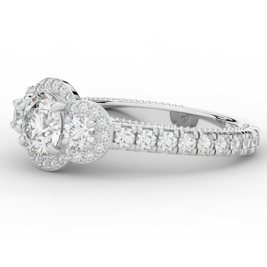 2.15CT.TW ROUND LAB DIAMOND 3 STONE HALO ENGAGEMENT RING - Nazarelle