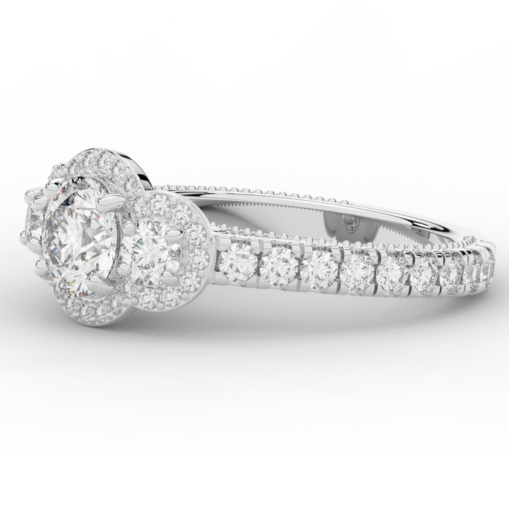 2.15CT.TW ROUND LAB DIAMOND 3 STONE HALO ENGAGEMENT RING - Nazarelle