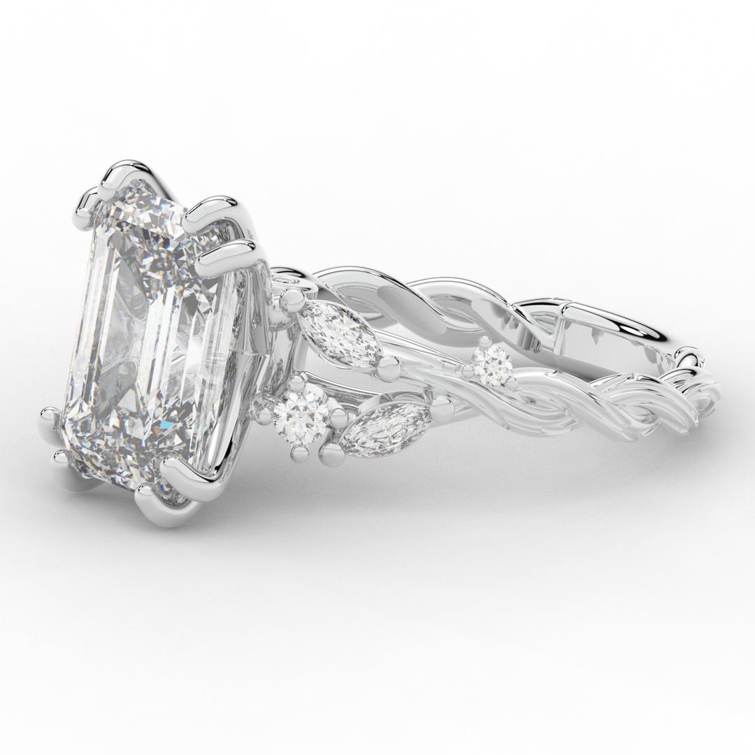 5.30CT.TW EMERALD CUT LAB DIAMOND STYLIZED VINE AND TREE BARK FINISH ENGAGEMENT RING - Nazarelle
