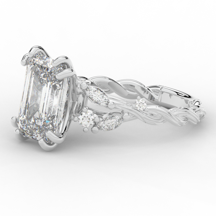 5.30CT.TW EMERALD CUT LAB DIAMOND STYLIZED VINE AND TREE BARK FINISH ENGAGEMENT RING - Nazarelle