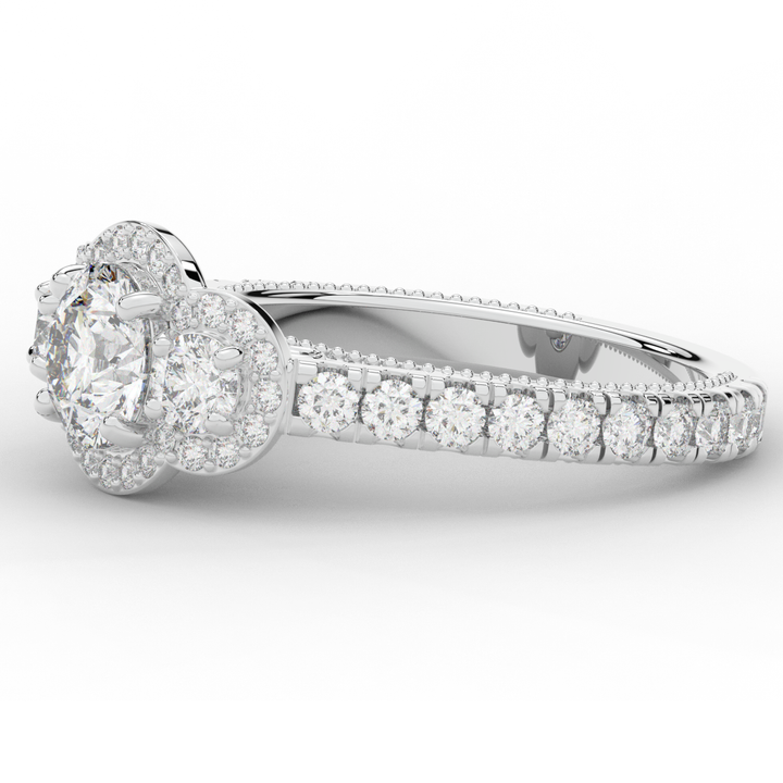 2.15CT.TW ROUND LAB DIAMOND 3 STONE HALO ENGAGEMENT RING - Nazarelle