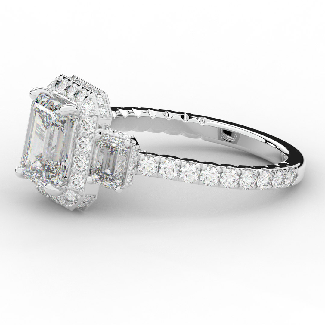 3.20CT.TW EMERALD CUT LAB DIAMOND 3 STONE ENGAGEMENT RING - Nazarelle