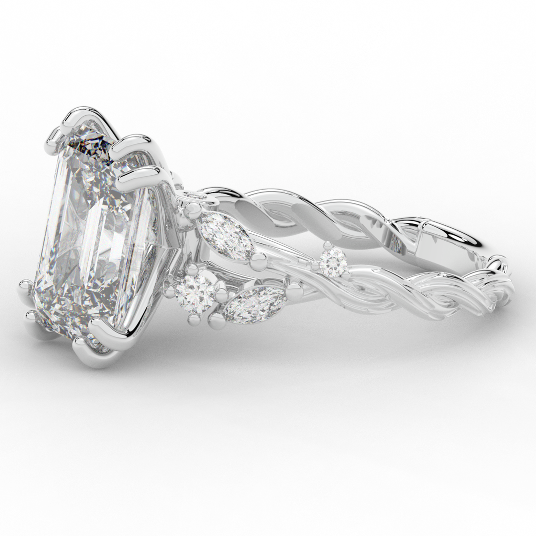 5.30CT.TW EMERALD CUT LAB DIAMOND STYLIZED VINE AND TREE BARK FINISH ENGAGEMENT RING - Nazarelle