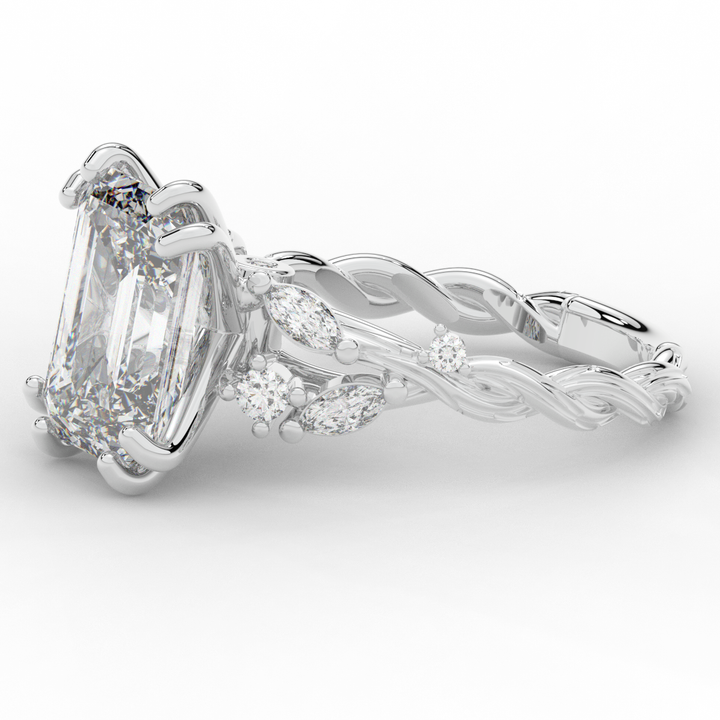 5.30CT.TW EMERALD CUT LAB DIAMOND STYLIZED VINE AND TREE BARK FINISH ENGAGEMENT RING - Nazarelle