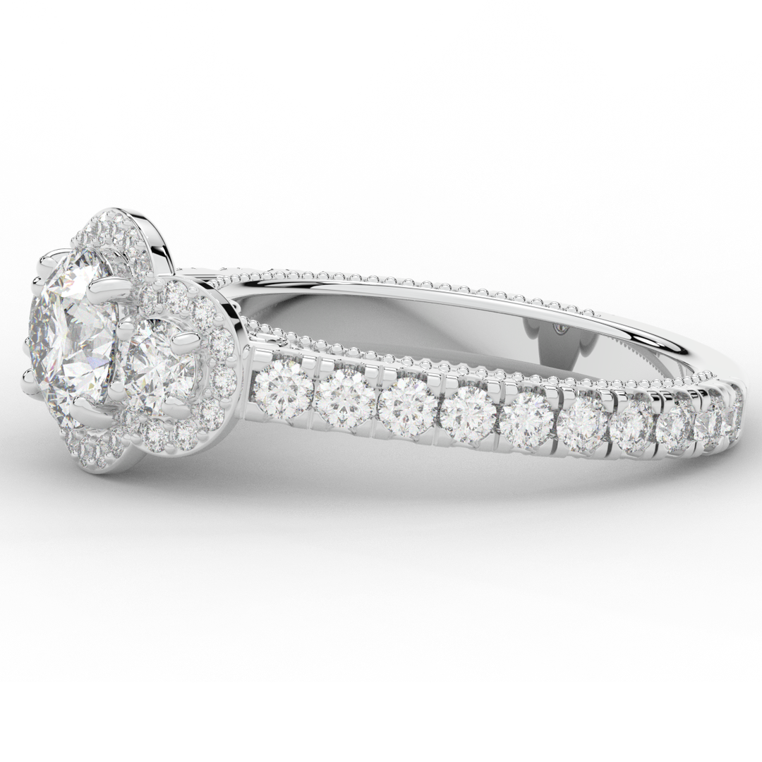 2.15CT.TW ROUND LAB DIAMOND 3 STONE HALO ENGAGEMENT RING - Nazarelle