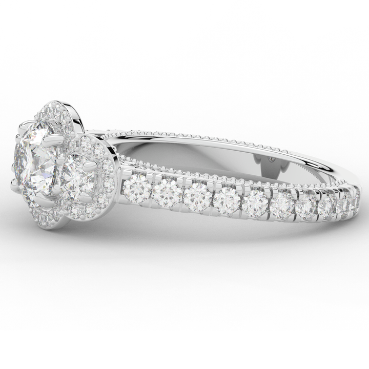 2.15CT.TW ROUND LAB DIAMOND 3 STONE HALO ENGAGEMENT RING - Nazarelle