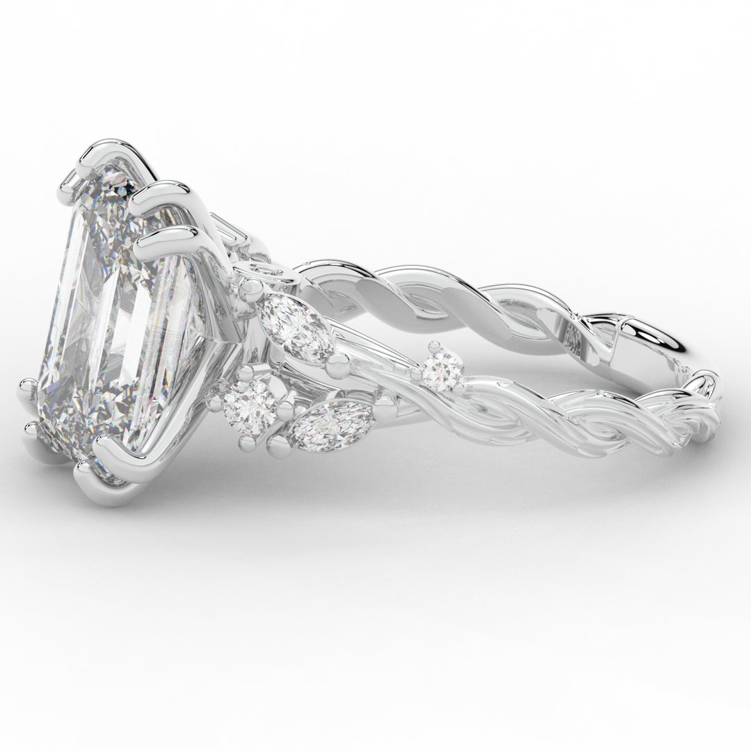 5.30CT.TW EMERALD CUT LAB DIAMOND STYLIZED VINE AND TREE BARK FINISH ENGAGEMENT RING - Nazarelle