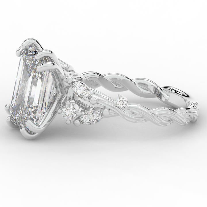 5.30CT.TW EMERALD CUT LAB DIAMOND STYLIZED VINE AND TREE BARK FINISH ENGAGEMENT RING - Nazarelle