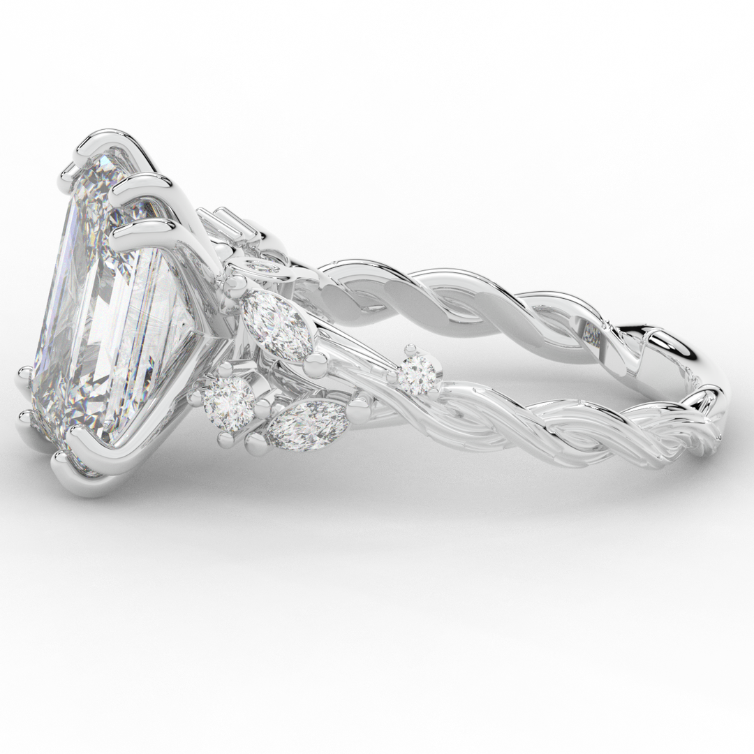 5.30CT.TW EMERALD CUT LAB DIAMOND STYLIZED VINE AND TREE BARK FINISH ENGAGEMENT RING - Nazarelle