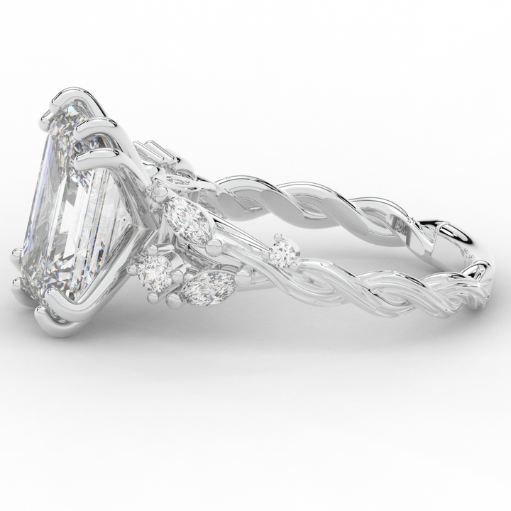 5.30CT.TW EMERALD CUT LAB DIAMOND STYLIZED VINE AND TREE BARK FINISH ENGAGEMENT RING - Nazarelle