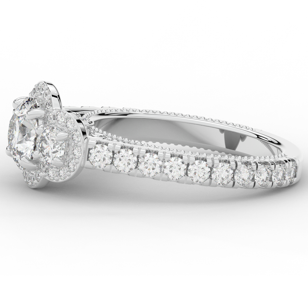 2.15CT.TW ROUND LAB DIAMOND 3 STONE HALO ENGAGEMENT RING - Nazarelle