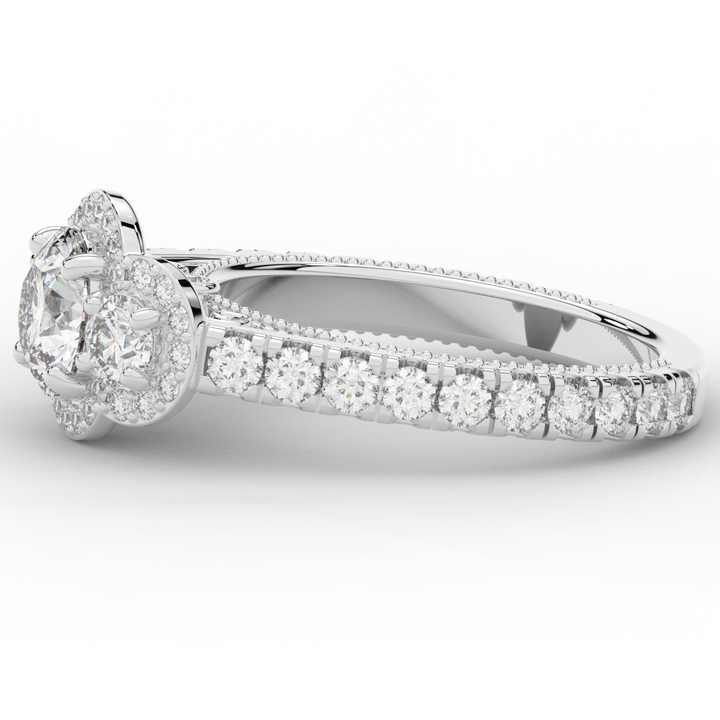 2.15CT.TW ROUND LAB DIAMOND 3 STONE HALO ENGAGEMENT RING - Nazarelle