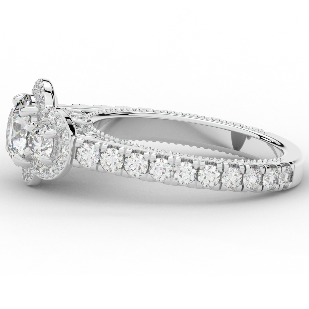 2.15CT.TW ROUND LAB DIAMOND 3 STONE HALO ENGAGEMENT RING - Nazarelle
