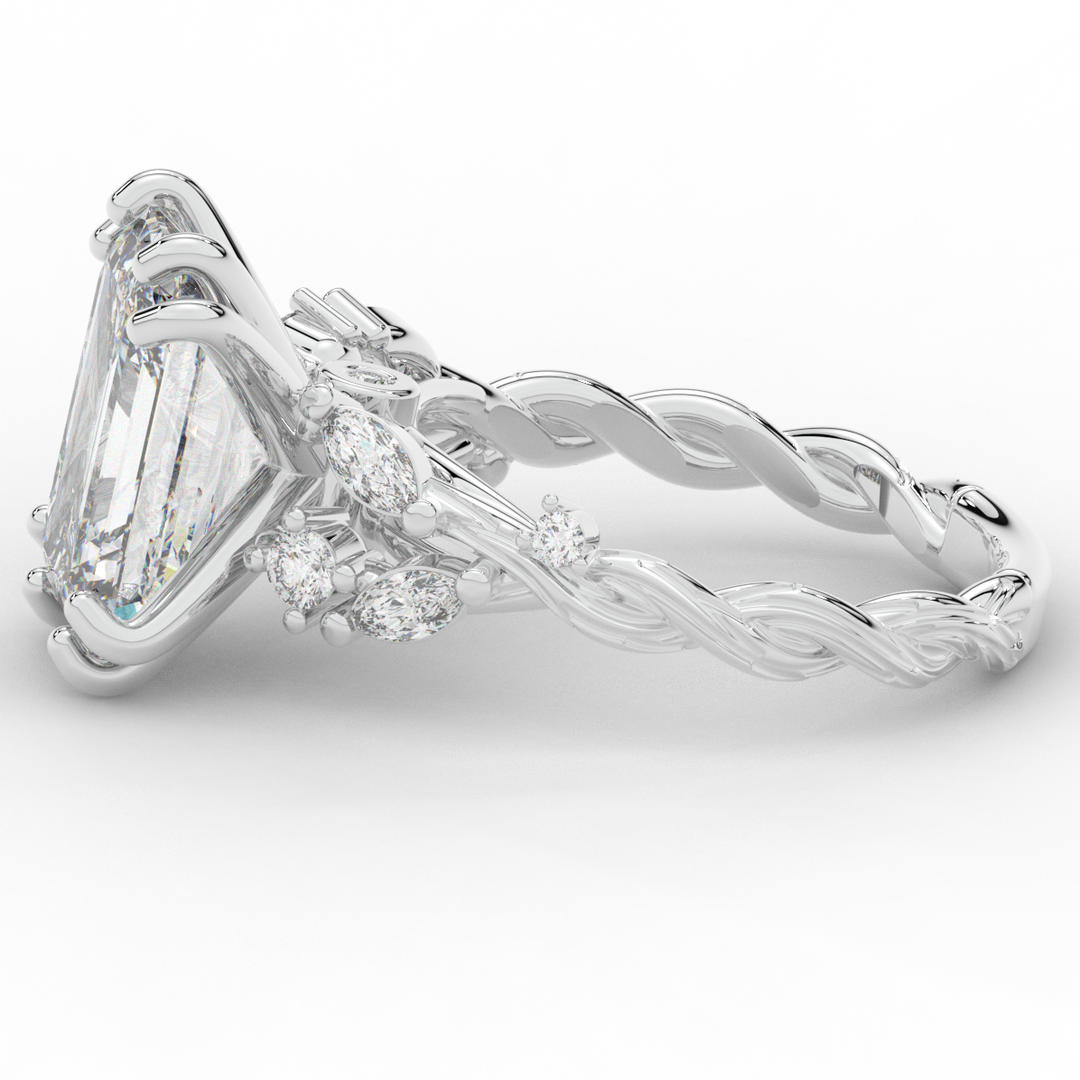 5.30CT.TW EMERALD CUT LAB DIAMOND STYLIZED VINE AND TREE BARK FINISH ENGAGEMENT RING - Nazarelle