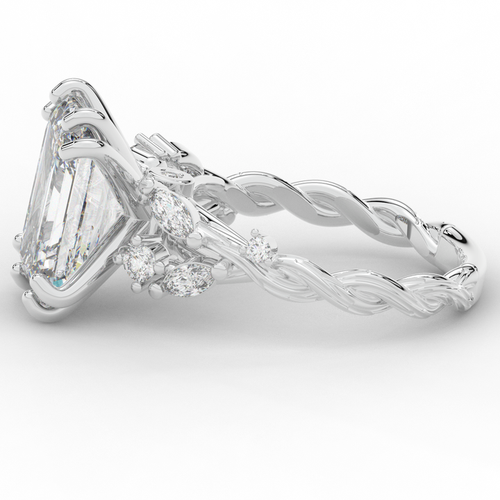 5.30CT.TW EMERALD CUT LAB DIAMOND STYLIZED VINE AND TREE BARK FINISH ENGAGEMENT RING - Nazarelle