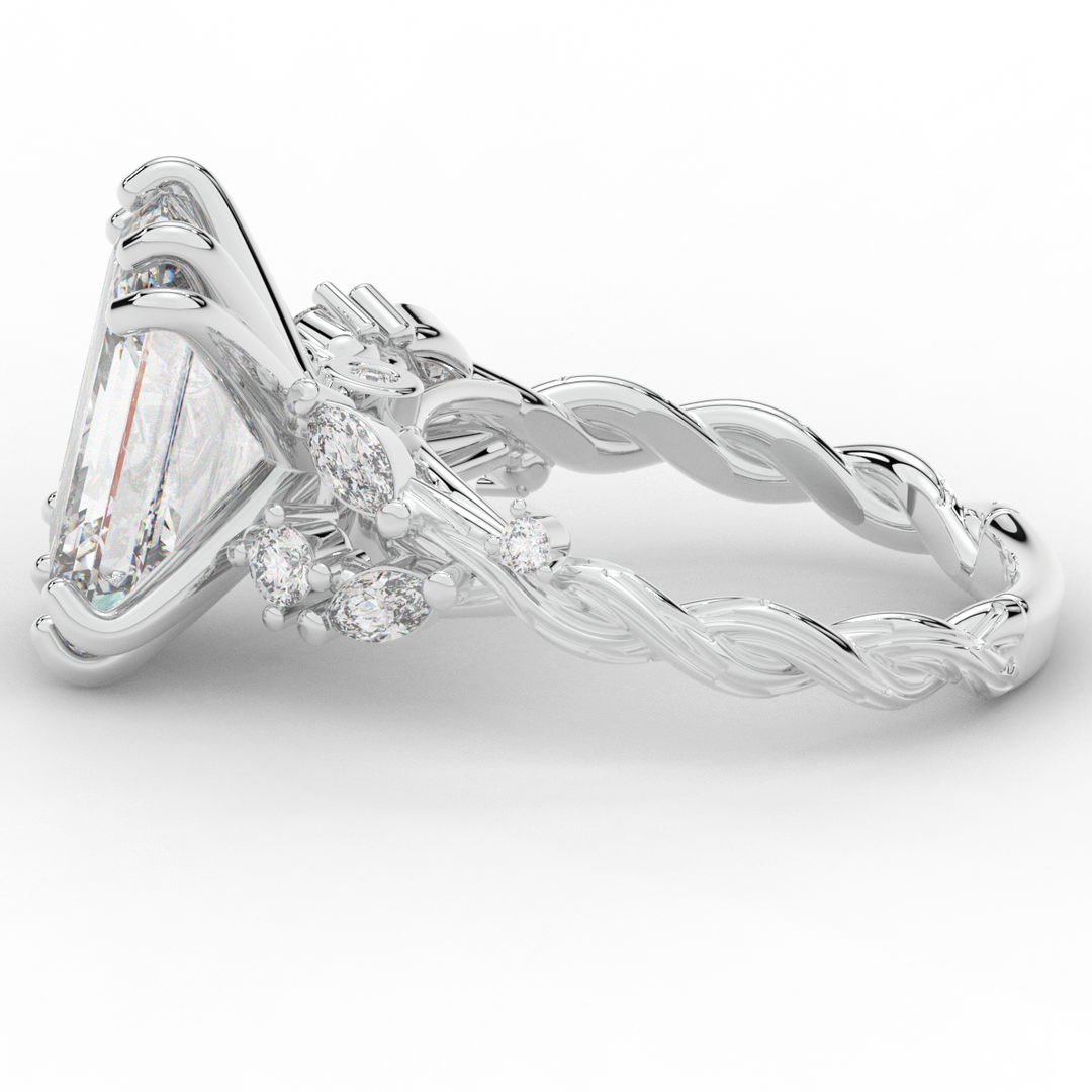5.30CT.TW EMERALD CUT LAB DIAMOND STYLIZED VINE AND TREE BARK FINISH ENGAGEMENT RING - Nazarelle