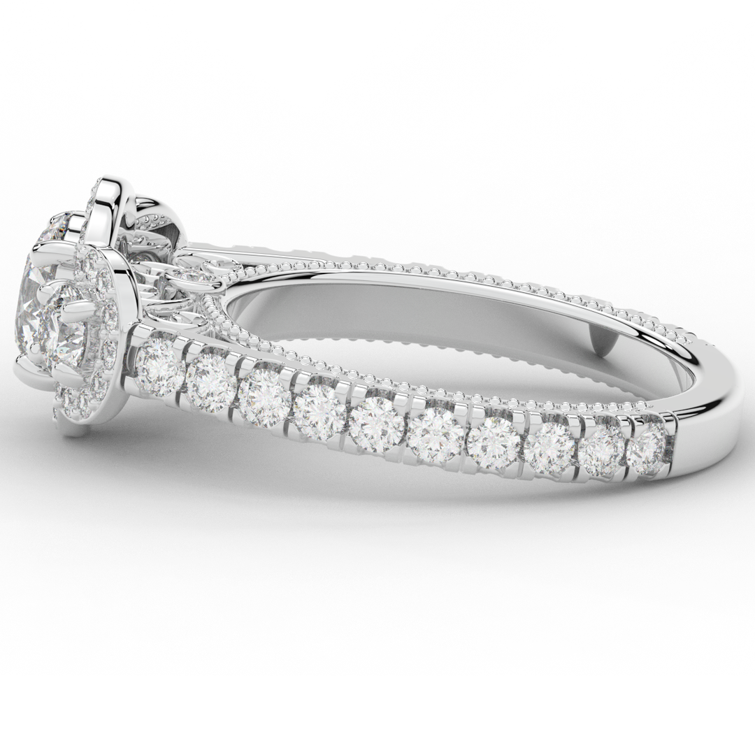 2.15CT.TW ROUND LAB DIAMOND 3 STONE HALO ENGAGEMENT RING - Nazarelle