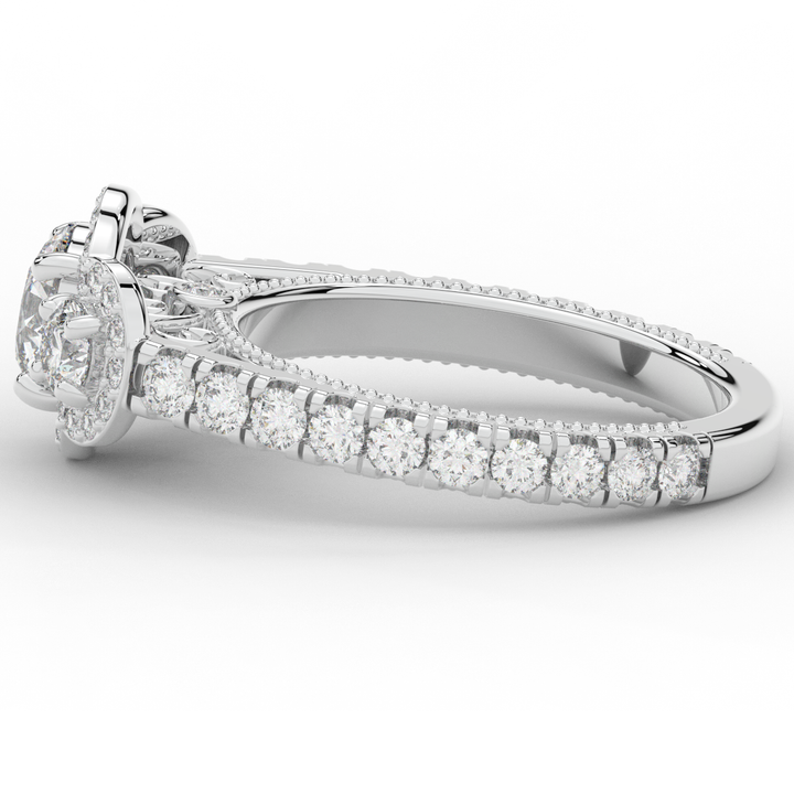2.15CT.TW ROUND LAB DIAMOND 3 STONE HALO ENGAGEMENT RING - Nazarelle