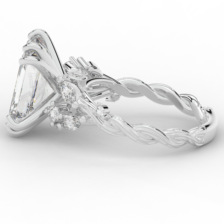5.30CT.TW EMERALD CUT LAB DIAMOND STYLIZED VINE AND TREE BARK FINISH ENGAGEMENT RING - Nazarelle