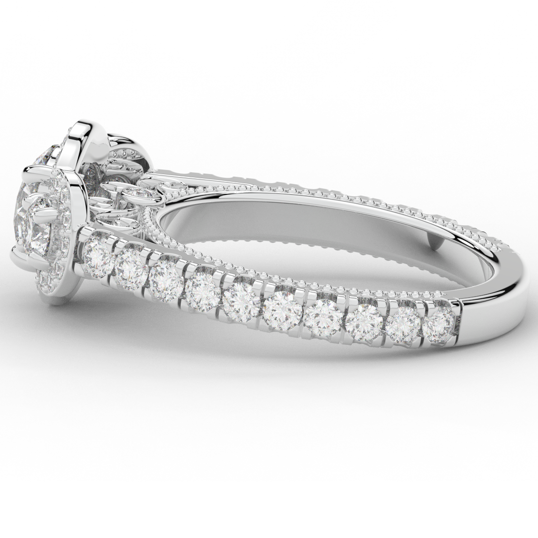 2.15CT.TW ROUND LAB DIAMOND 3 STONE HALO ENGAGEMENT RING - Nazarelle
