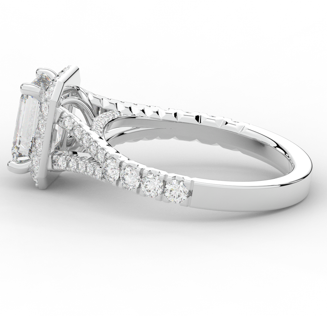 2.60CT.TW EMERALD CUT LAB DIAMOND SPLIT SHANK HALO ENGAGEMENT RING - Nazarelle